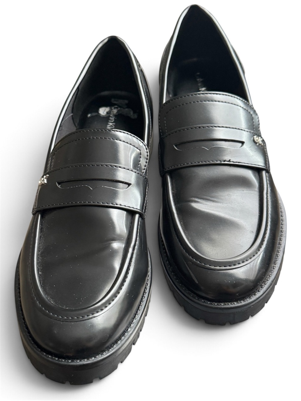 Calvin Klein Black Leather Penny Loafers with Lug Sole